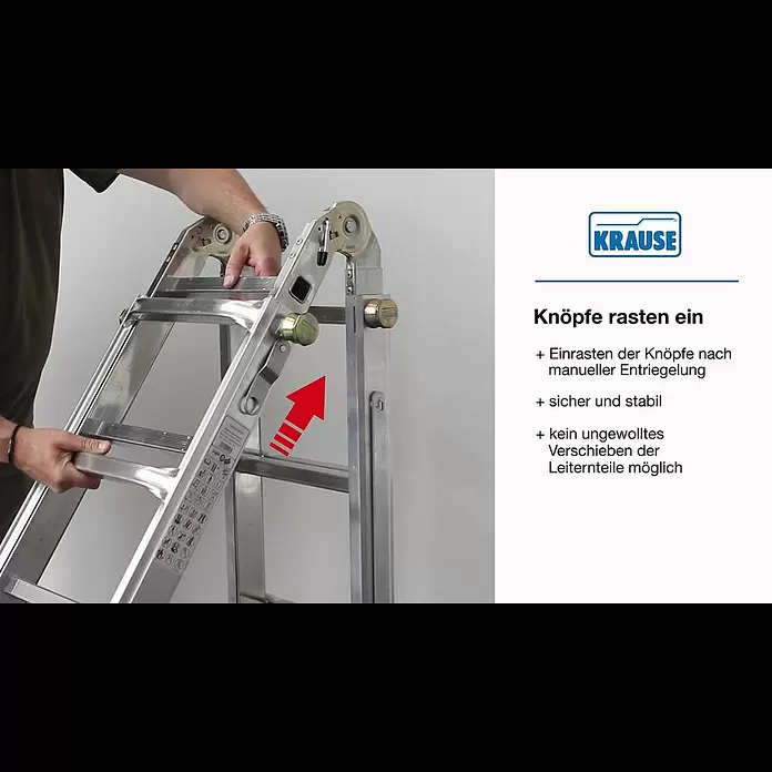 Krause Stabilo Teleskopleiter - Anzahl Tritte: 16 Stk., Arbeitshöhe: 5 m, Aluminium - KRAUSE-Technik-Clip: Das KRAUSE ClickMatic-System - Videoanleitung