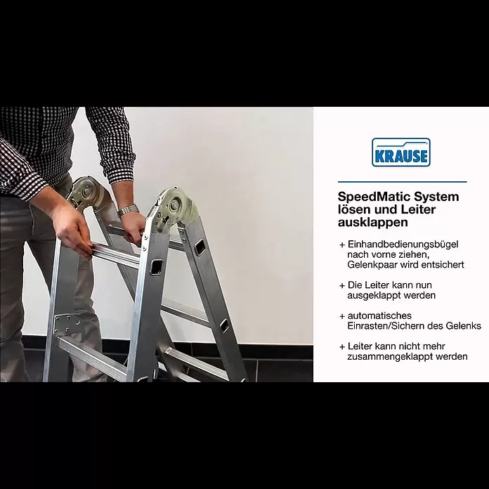 Krause Stabilo Mehrzweckleiter - Anzahl Tritte: 12 Stk., Arbeitshöhe: 4,4 mm, Aluminium - KRAUSE-Technik-Clip: Das KRAUSE SpeedMatic-System - Videoanleitung