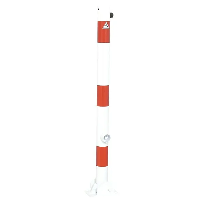 Schake Sperrpfosten - Ø x H: 60 x 900 mm, Stahl, Aufdübeln, Weiß/Rot, Dreikantverriegelung - Die Absperrsäule in Weiß und Rot mit Befestigung ist ein robustes und sichtbares Sicherheitsmerkmal für verschiedene Umgebungen.