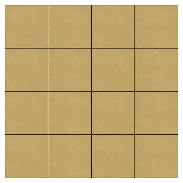 Feinsteinzeugfliese Mediterran Sun Gold - 120 x 120 cm, Ocker, Matt - Beige Bodenfliesen sind in einem Quadratmuster mit schwarzen Fugenlinien angeordnet und schaffen eine saubere und moderne Ästhetik.