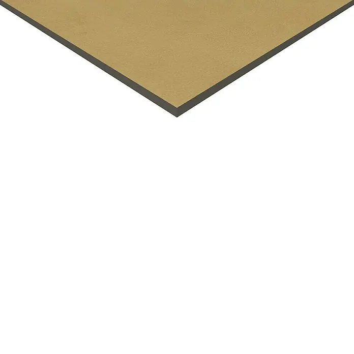 Feinsteinzeugfliese Mediterran Sun Gold - 120 x 120 cm, Ocker, Matt - Nahaufnahme einer braunen Platte mit dunklem Rand, ideal für Bastelprojekte oder als Unterlage.
