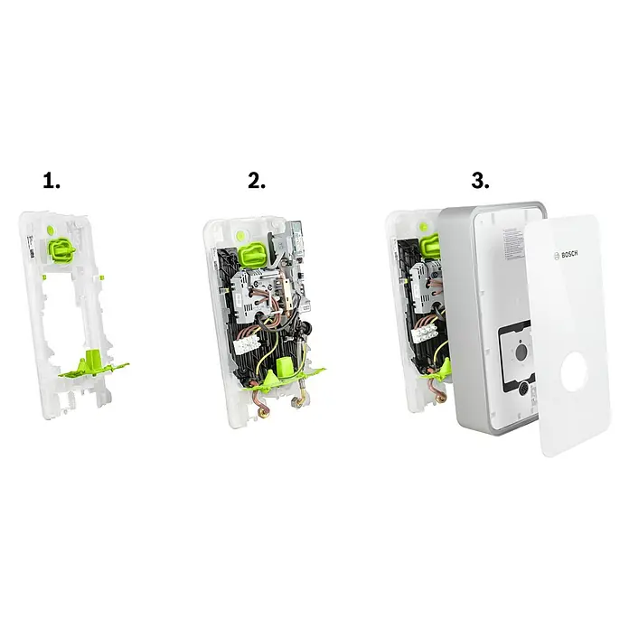 Bosch Durchlauferhitzer Tronic Advanced Plus - 21 kW, Elektronisch - Die drei Phasen eines Bosch-Warmwasserbereiters: Gehäuse, Innenleben und Abdeckung in separaten Schritten dargestellt.