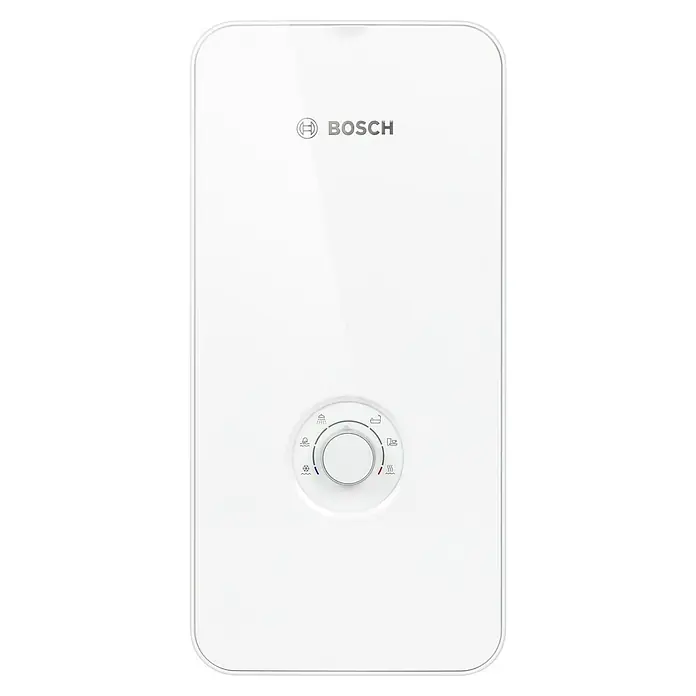 Bosch Durchlauferhitzer Tronic Advanced Plus - 21 kW, Elektronisch - Abbildung eines weißen Bosch Warmwasserbereiters mit Temperaturregler und dem Bosch-Logo, ein hochwertiges Produkt für Ihr Zuhause.