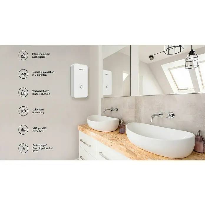 Bosch Durchlauferhitzer Tronic Advanced Plus - 21 kW, Elektronisch - Elegantes Badezimmer mit einem Bosch Warmwasserbereiter an der Wand, der Komfort und moderne Technologie vereint.