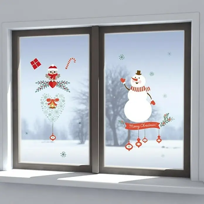 Adhesivo para ventanas Muñeco de nieve - 22 x 67 cm, Plástico - Decoración de ventana con adhesivos festivos de un muñeco de nieve y un búho con adornos, difundiendo la alegría navideña.