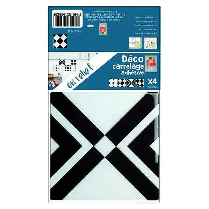 Vinilo para azulejos 3D Geométrico - 15 x 15 cm, 4 pzs., Blanco/Negro - Adhesivos de azulejos Deco "Plage" con diseño geométrico negro para dar un toque elegante al baño. Fáciles de aplicar, renueva tu espacio.