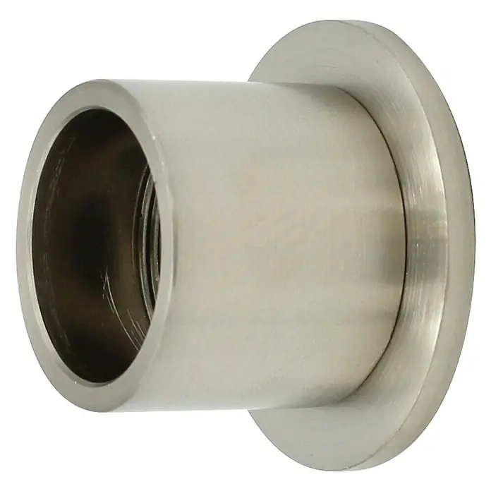 Expo Ambiente Wandlager - Edelstahloptik, Geeignet für: Gardinenstangen Ø 28 mm - Nahaufnahme eines Metallrohrstücks mit Gewinde und Flansch, ideal für Sanitär- oder Maschinenbauanwendungen.