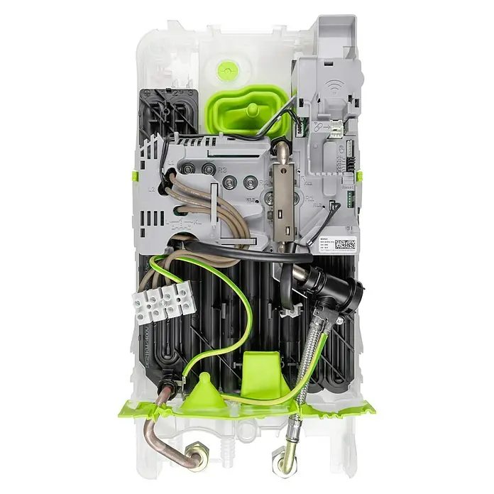 Bosch Durchlauferhitzer Tronic Excellence - 21/24/27 kW, Elektronisch - Innenansicht eines Bosch-Heizgeräts mit elektronischen Bauteilen, Verkabelung und grünen Akzenten. Die komplexe Anordnung ist gut sichtbar.