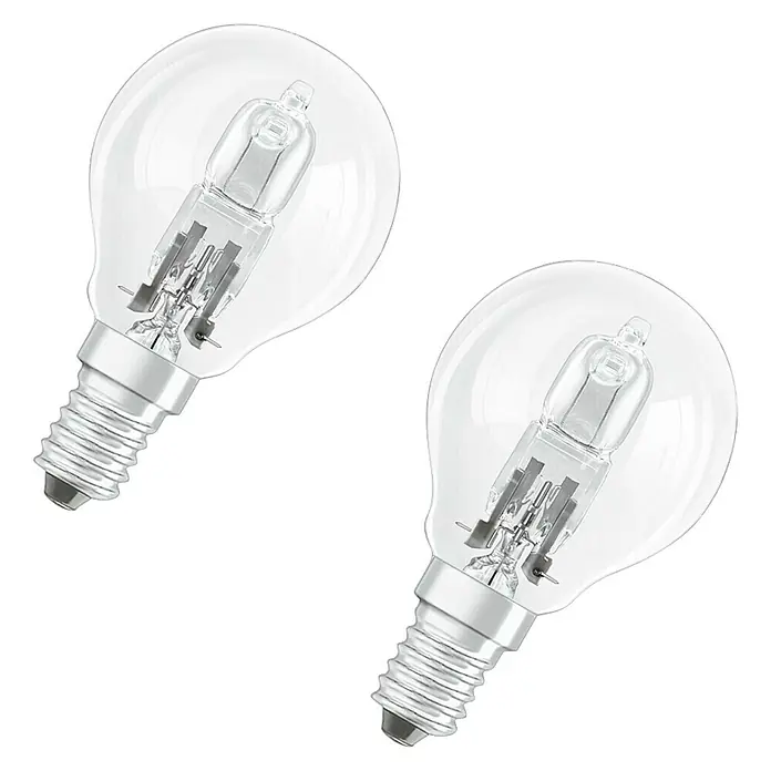 Voltolux Bombilla halógena tubular - Largo: 81 mm, E14, 30 W, 230 V, Blanco cálido - Dos lámparas halógenas claras con base E14 sobre un fondo negro. Las lámparas son idénticas y dispuestas una al lado de la otra.