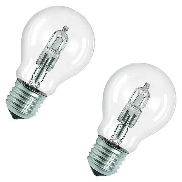 Voltolux Bombilla halógena tubular - Largo: 91 mm, E27, 30 W, 230 V, Blanco cálido - Dos bombillas claras sobre fondo negro, ideales para una iluminación brillante y eficiente en cualquier habitación.
