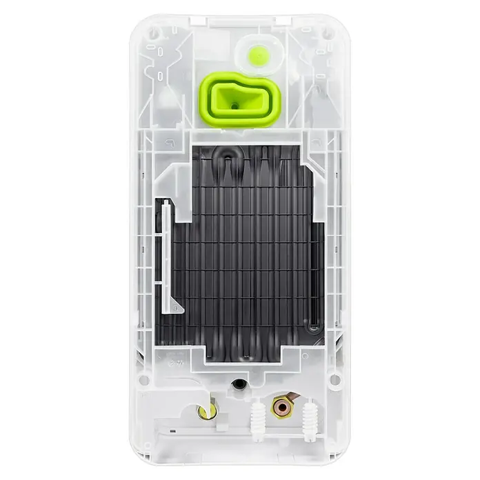 Bosch Durchlauferhitzer Tronic Excellence - 21/24/27 kW, Elektronisch - Das Bild zeigt eine detaillierte Ansicht eines Spülkastens mit grünem Einsatz und schwarzer Füllung.
