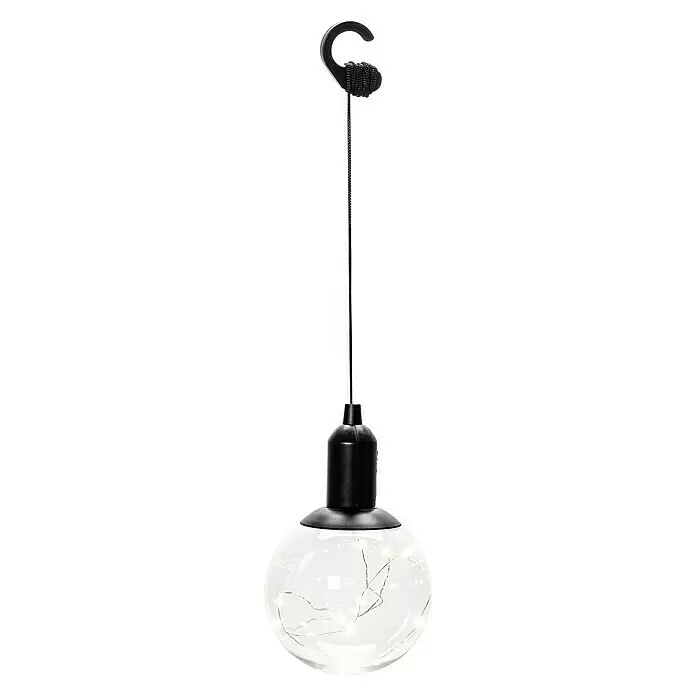 Konstsmide LED-Dekoleuchte - 0,6 W - Schwarze Hängelampe mit klarer Glaskugel, gefüllt mit warmweißen Lichterketten, an Schnur und Haken.