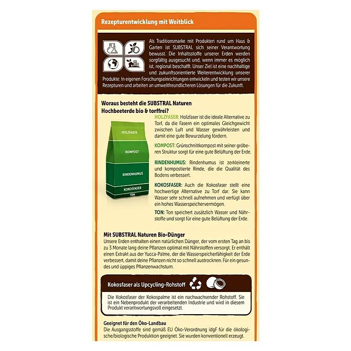 Substral Naturen Bio-Hochbeeterde - 50 l - SUBSTRAL Naturen Hochbeeterde: Torffreie Bio-Erde mit Holzfaser, Kompost, Rindenhumus, Kokosfaser und Ton für optimales Pflanzenwachstum.
