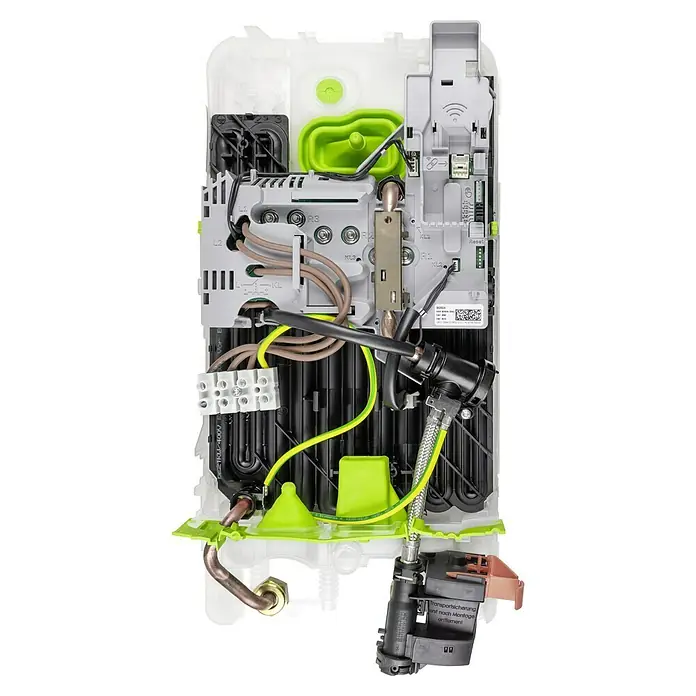 Bosch Durchlauferhitzer DNA Tronic Comfort AquaStop - 21/24/27 kW, Elektronisch, Geschlossen - Aufnahme eines Bosch-Heizgeräts mit freiliegender Verkabelung, Anschlüssen und grünen Akzenten, die die komplizierten internen Komponenten hervorheben.