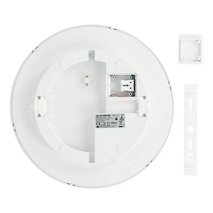 Ritter Leuchten LED-Deckenleuchte rund Senso - Bewegungsmelder, 24 W, Ø x H: 288 x 65,5 mm, Weiß, Neutralweiß - Runde weiße LED-Deckenleuchte (Rückansicht) mit Montageplatte, elektrischen Anschlüssen, Spezifikationsetikett und Installationszubehör.