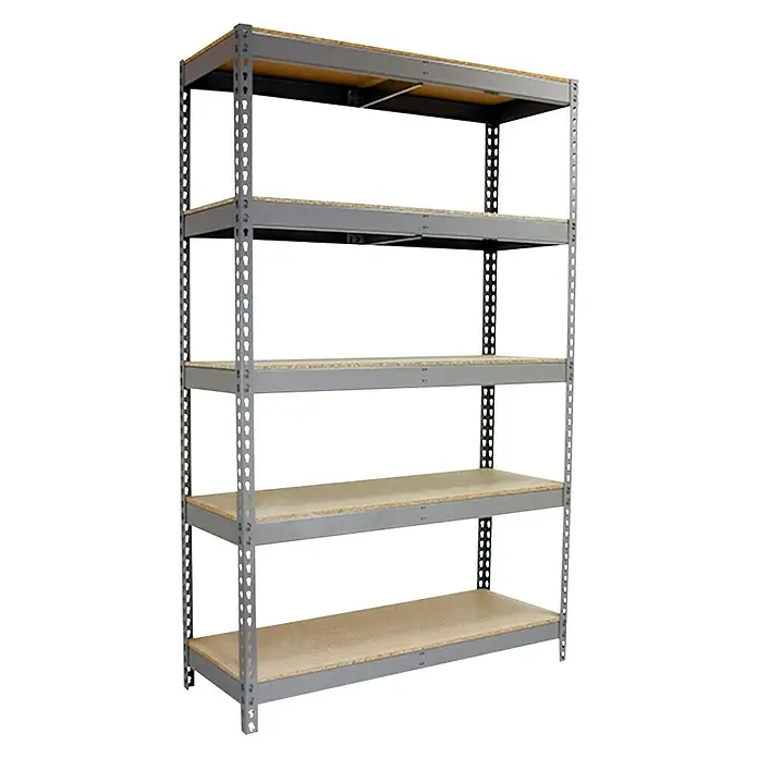 Simonrack Simonforte Schwerlastregal Simonforte Chipboard - H x B x T: 200 x 150 x 60 cm, Traglast pro Boden: 600 kg, Anzahl Böden: 5 Stk., Stecken, Silber - Ein graues Metallregal mit fünf Regalböden aus Holzspanplatten, ideal für Lagerung und Organisation.