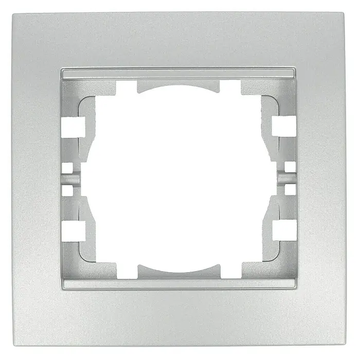 Voltomat DEA 100 Abdeckrahmen - Alu/Silber, 1-fach, Kunststoff, Vertikal - Nahaufnahme einer silberfarbenen Installationsdose für elektronische Geräte, die ein modernes und schlichtes Design zeigt.