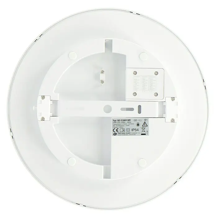 Ritter Leuchten LED-Deckenleuchte rund Senso - Bewegungsmelder, 24 W, Ø x H: 288 x 65,5 mm, Weiß, Neutralweiß - Nahaufnahme einer runden, weißen LED-Deckenleuchte mit technischen Spezifikationen und Zertifizierungen auf der Rückseite.