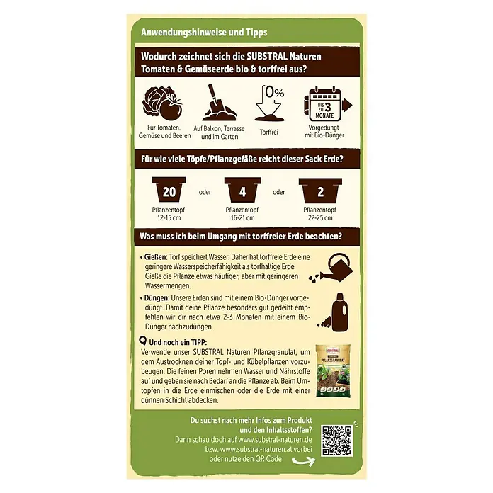 Substral Naturen Tomaten- & Gemüseerde - 40 l - Anwendungs- und Anwendungshinweise für Substral Naturen Tomaten- und Gemüseerde: torffrei, vorgedüngt, für Garten und Balkon.