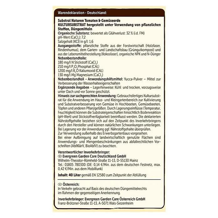 Substral Naturen Tomaten- & Gemüseerde - 40 l - Etikett der Substral Naturen Tomaten & Gemüseerde KULTURSUBSTRAT-Mischung, ideal für Tomaten und Gemüse, mit Inhaltsangabe und Herstellerinformationen.
