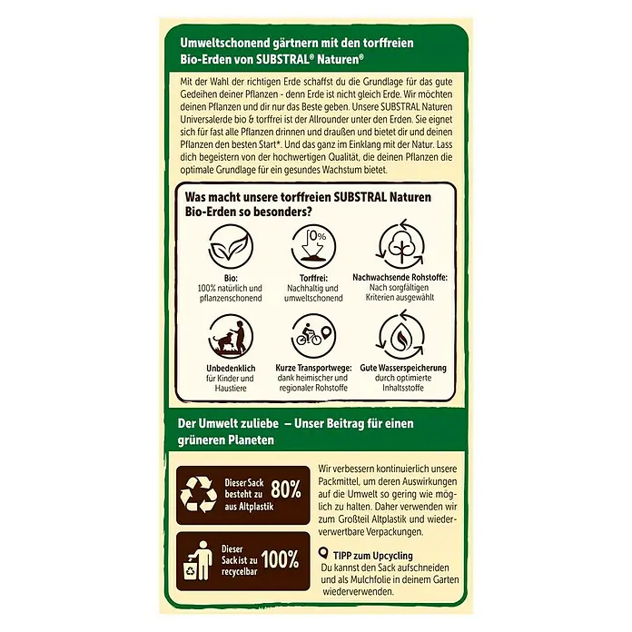 Substral Naturen Blumenerde - 40 l - Informationen zur torffreien Bio-Erde von SUBSTRAL Naturen®, die umweltfreundliches Gärtnern unterstützt und aus recycelten Materialien besteht.