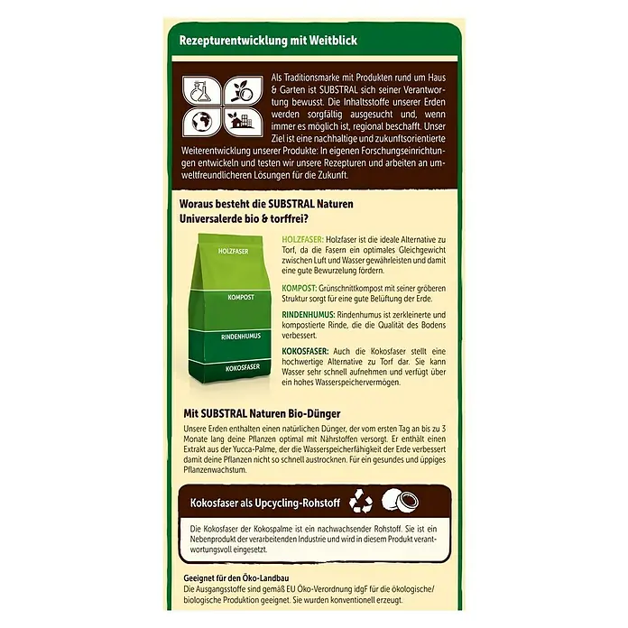 Substral Naturen Blumenerde - 40 l - SUBSTRAL Naturen Universalerde bio & torffrei: Enthält Holzfaser, Kompost, Rindenhumus und Kokosfaser für optimales Pflanzenwachstum.