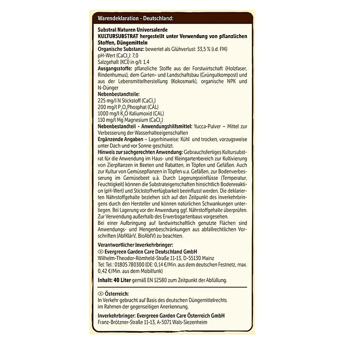 Substral Naturen Blumenerde - 40 l - Produktetikett der Substral Naturen Universalerde, ein Kultursubstrat mit pflanzlichen Stoffen und Düngemitteln für den Garten.