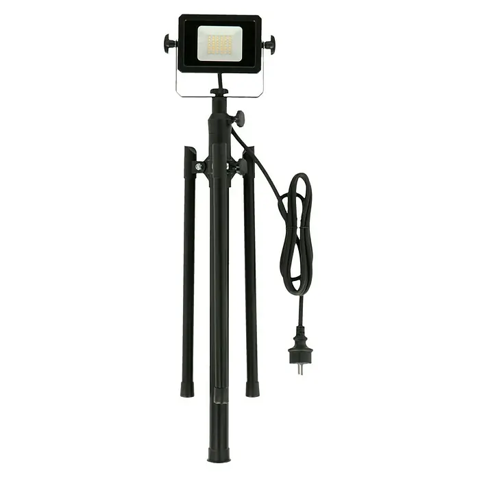 Profi Depot LED-Strahler - 10 W, 1.650 lm, 4.000 K, L x B x H: 53,5 x 62 x 135,6 cm, IP65 - Ein schwarzer LED-Baustrahler auf einem Stativ, mit Kabel und Stecker. Ideal für Baustellen und den Einsatz im Freien, robust und leistungsstark.