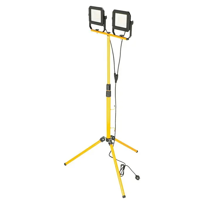 Profi Depot LED-Strahler - 60 W, 4.800 lm, 4.000 K, L x B x H: 68 x 75 x 190 cm, IP65 - Bild einer gelben Doppelstrahler-Baulampe mit Stativ, die Helligkeit für Arbeitsbereiche bietet.\n