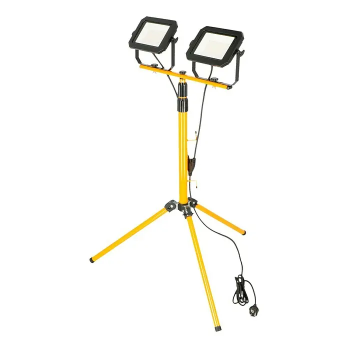 Profi Depot LED-Strahler - 60 W, 4.800 lm, 4.000 K, L x B x H: 68 x 75 x 190 cm, IP65 - Arbeitsleuchte mit Stativ. Doppelte LED-Arbeitsleuchte auf gelbem Stativ mit schwarzem Kabel und Stecker, ideal für Baustellen.