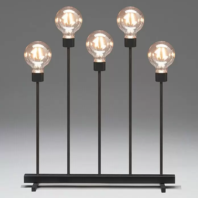 Konstsmide LED-Dekoleuchte - 3,5 W, L x B x H: 45 x 13 x 54 cm - Eine moderne schwarze Metall-Tischlampe mit fünf klaren, beleuchteten Glühbirnen unterschiedlicher Höhe auf einem horizontalen Sockel.
