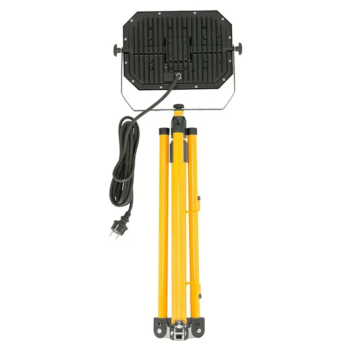 Profi Depot LED-Strahler - 50 W, 8.250 lm, 4.000 K, L x B x H: 68 x 75 x 190 cm, IP65 - Bild einer Baustellenleuchte mit Stativ. Die gelbe Arbeitsleuchte ist ein unverzichtbares Werkzeug für jeden Handwerker.