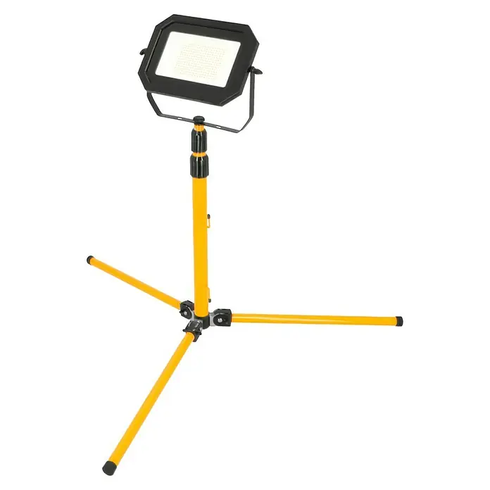 Profi Depot LED-Strahler - 50 W, 8.250 lm, 4.000 K, L x B x H: 68 x 75 x 190 cm, IP65 - Bild einer LED-Arbeitsleuchte mit Stativ in Schwarz und Gelb. Die Lampe sorgt für eine helle Ausleuchtung bei Bauarbeiten.