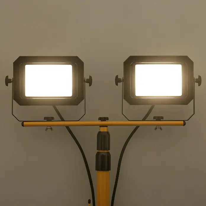 Profi Depot LED-Strahler - 60 W, 4.800 lm, 4.000 K, L x B x H: 68 x 75 x 190 cm, IP65 - Doppelter LED-Baustrahler auf Stativ. Der Strahler ist hell und ideal für Baustellen, Werkstätten und andere Arbeitsbereiche.