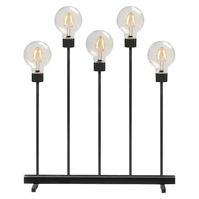 Konstsmide LED-Dekoleuchte - 3,5 W, L x B x H: 45 x 13 x 54 cm - Schwarze Metall-Dekorationslampe mit fünf klaren LED-Filament-Glühbirnen auf unterschiedlich hohen Ständern.
