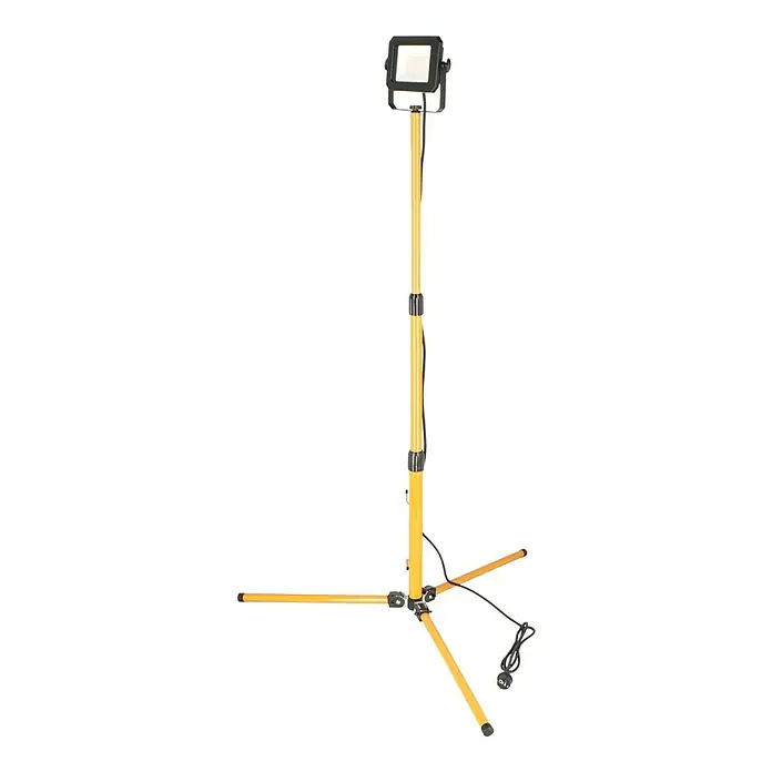 Profi Depot LED-Strahler - 20 W, 3.200 lm, 4.000 K, L x B x H: 68 x 75 x 190 cm, IP65 - Das Bild zeigt einen gelben LED-Baustrahler mit Stativ. Das Gerät ist für den professionellen Einsatz konzipiert.