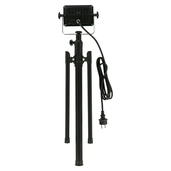Profi Depot LED-Strahler - 10 W, 1.650 lm, 4.000 K, L x B x H: 53,5 x 62 x 135,6 cm, IP65 - Eine schwarze Arbeitsleuchte auf einem Stativ mit Kabel und Stecker. Die Leuchte ist auf einem verstellbaren Stativ montiert.