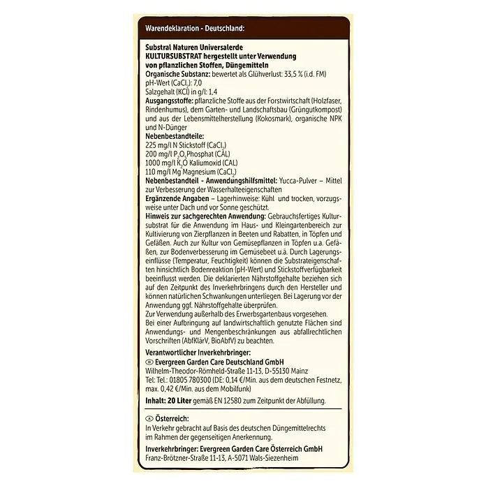 Substral Naturen Blumenerde - 20 l - Produktdeklaration für Substral Naturen Universalerde: Zusammensetzung, Inhaltsstoffe und Anwendungshinweise für optimales Pflanzenwachstum.