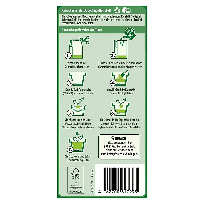 Substral Blumenerde Kompakte Erde - 10 l - Anleitung zur Verwendung von Kokosfaser als Upcycling-Rohstoff, mit sieben Schritten und Hinweisen zur optimalen Anwendung des Produkts.