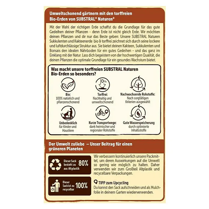 Substral Naturen Kakteenerde - 5 l, Torffrei - Abbildung der SUBSTRAL Naturen torffreien Bio-Erde Verpackung, die umweltfreundliches Gärtnern betont.