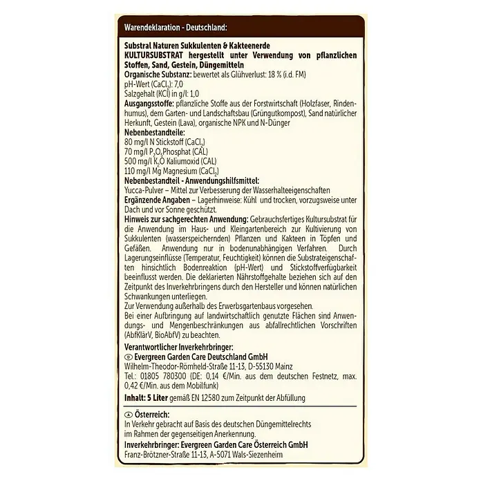 Substral Naturen Kakteenerde - 5 l, Torffrei - Produktdetails: Substral Naturen Sukkulenten & Kakteenerde Kultursubstrat, hochwertige Erde für Sukkulenten und Kakteen.