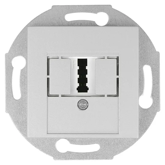 Voltomat ART TAE-Telefondose - Silber, Unterputzmontage - Nahaufnahme einer weißen Datendose mit rechteckiger Blende und Befestigungslöchern auf rundem Sockel.