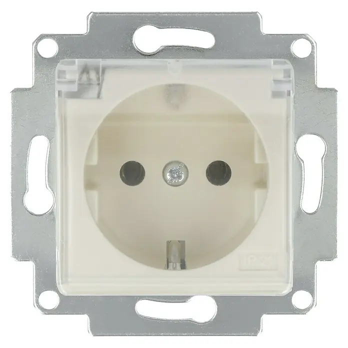 Voltomat MIKRO Steckdose mit Klappdeckel - Elektroweiß, Kunststoff, Unterputzmontage - Nahaufnahme einer Schutzkontakt-Steckdose mit Klappdeckel und Metallrahmen zur Wandmontage.