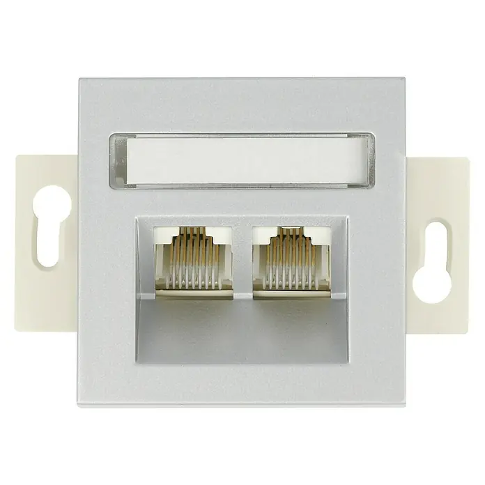 Voltomat ART UAE-Dose - Silber, 2-fach, Kunststoff - Nahaufnahme einer Netzwerkdose mit zwei RJ45-Anschlüssen und Beschriftungsfeld.