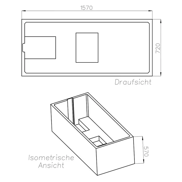 Ottofond Wannenträger Filo - Passend für: Badewanne Filo 160 x 75 cm - Isometrische Darstellung einer Badewanne mit den Maßen 1570x720x570 mm.