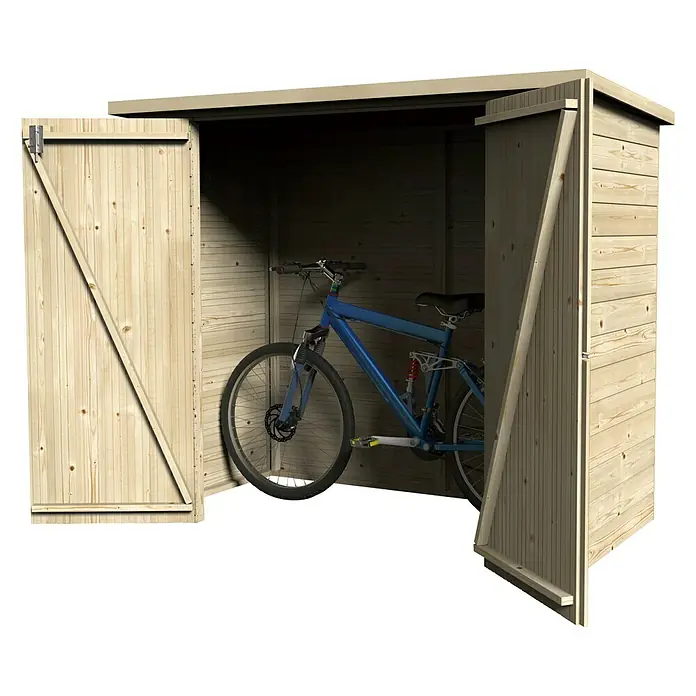 Décor et Jardin Gerätehaus Bike Box - 193 cm, 98 cm, Holz, Natur - Ein geräumiges Holzfahrradhaus mit geöffneten Türen, in dem ein blaues Mountainbike sicher und trocken aufbewahrt wird.
