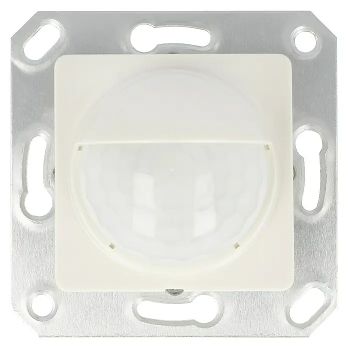 Voltomat MIKRO Bewegungsmelderaufsatz - Elektroweiß, Wandmontage - Nahaufnahme eines quadratischen Bewegungsmelders mit Metallhalterung. Das Gerät ist weiß und hat einen abgerundeten Sensor.