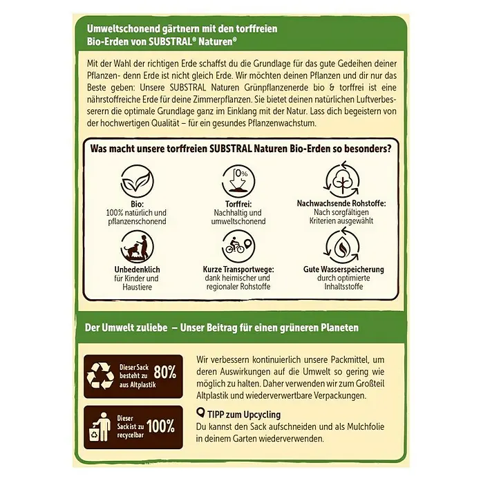 Substral Naturen Grünpflanzen- & Palmenerde - 10 l - Infografik über SUBSTRAL Naturen torffreie Bio-Erde, die umweltschonendes Gärtnern und nachhaltige Verpackung hervorhebt.