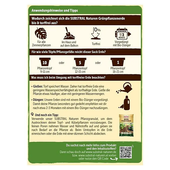 Substral Naturen Grünpflanzen- & Palmenerde - 10 l - SUBSTRAL Naturen Grünpflanzenerde: Bio & torffrei, für Zimmer- & Balkonpflanzen, vorgedüngt. Tipps zu Gießen & Düngen für optimales Wachstum.