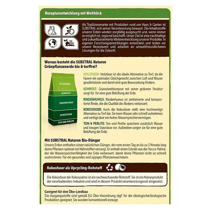 Substral Naturen Grünpflanzen- & Palmenerde - 10 l - Infografik zur SUBSTRAL Naturen Grünpflanzenerde: torffrei und bio, mit Holzfaser, Kompost, Rindenhumus, Kokosfaser, Ton und Perlite.